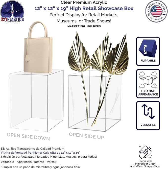 Clear Acrylic 12" x 12” x 19” Tall Display Box No Lid Hollow Pedestal 5 Sided Display Trinkets Flower Dust Cover Bin Collectible Items Elevated Multi Use Showcase No Assembly by Marketing Holders - Image 3