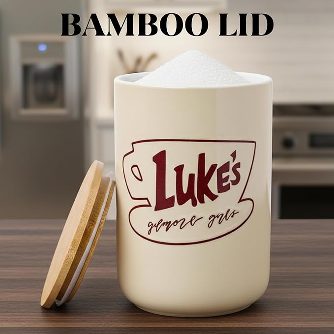 Silver Buffalo Gilmore Girls Wax Resist Ceramic Cookie Jar with Bamboo Lid Featuring Luke’s Cafe Logo, 5” x 5” x 6.5” - Image 5