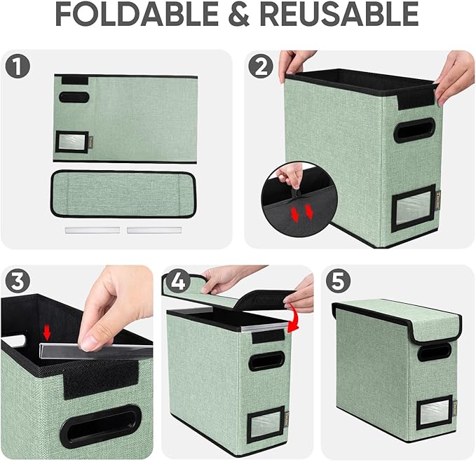 BALEINE File Organizer Box with Lid, Collapsible File Folder Organizer with Plastic Slide, Hanging File Folder Box for Office Document Storage (2 Pack, Green, S) - Image 8