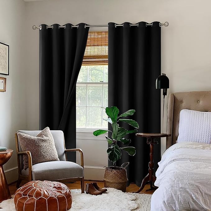 BGment Thermal Insulated 100% Blackout Curtains for Bedroom with Black Liner, Double Layer Full Room Darkening Noise Reducing Grommet Curtain (52 x 90 Inch, Black, 2 Panels) - Image 2
