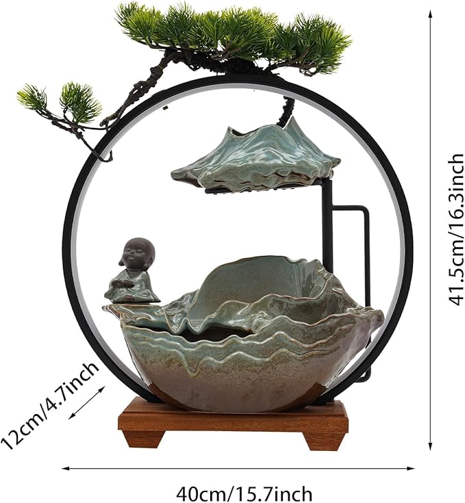 16In Bonsai Tree Statue Water Fountains Indoor Tabletop Waterfall Humidifier with LED Light and Atomizer Mist, Japanese Zen Decor Meditation Fake Plants Bonsai Feng Shui Decor Festival Birthday Gift - Image 3