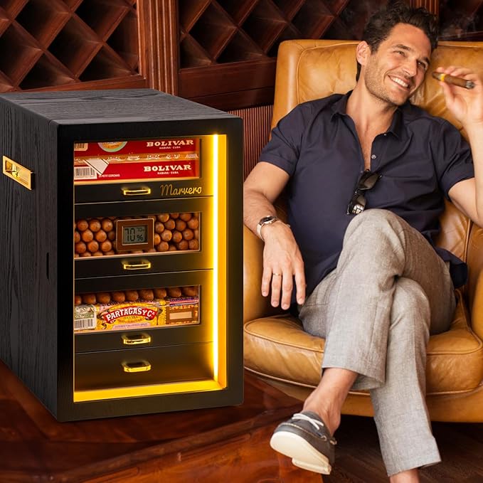 Cigar Humidor, Desktop Humidor Cabinet Triple-Sided Light with Digital Hygrometer, Humidifier and Humidity Packs. 4 Ceder Wood Drawers, Cigar Humidor Box can Hold 200 Cigars,Present for Men - Image 2