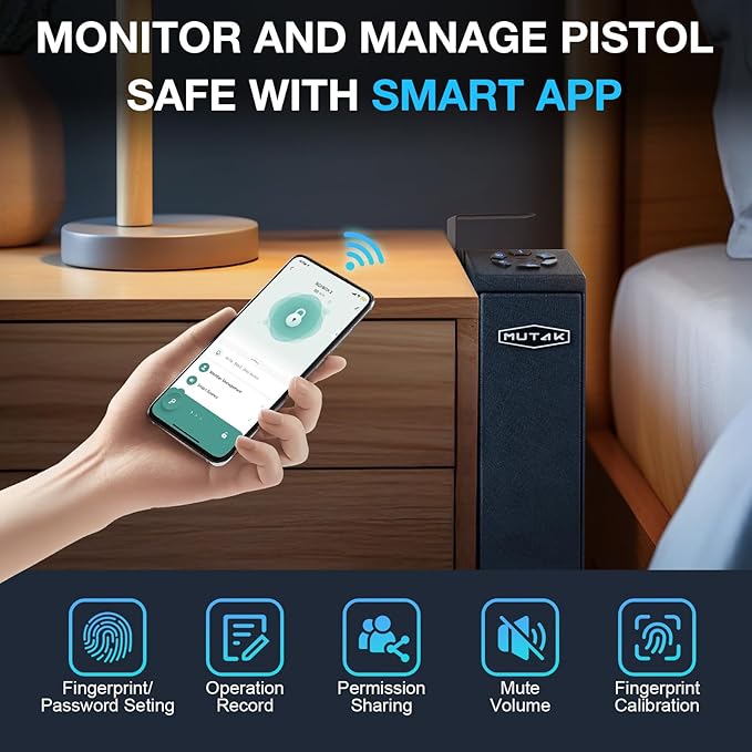 Gun Safe for Handgun, Slider Biometric Pistol Safe, 4 Ways Quick Access with APP/Fingerprint/PIN Code/KEY, Single GunSafe for Nightstand Bedside Home,Wall, Dresser - Image 2