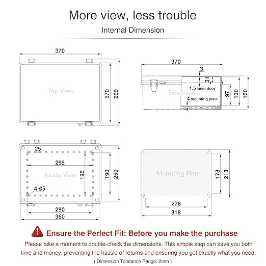 QILIPSU Waterproof Junction Box IP67 Outdoor Plastic Electrical Project Enclosure Weatherproof with Inner Door, Mounting Plate, Wall Brackets, Hinged Grey Cover 14.6"x10.6"x5.9" -D - Image 6