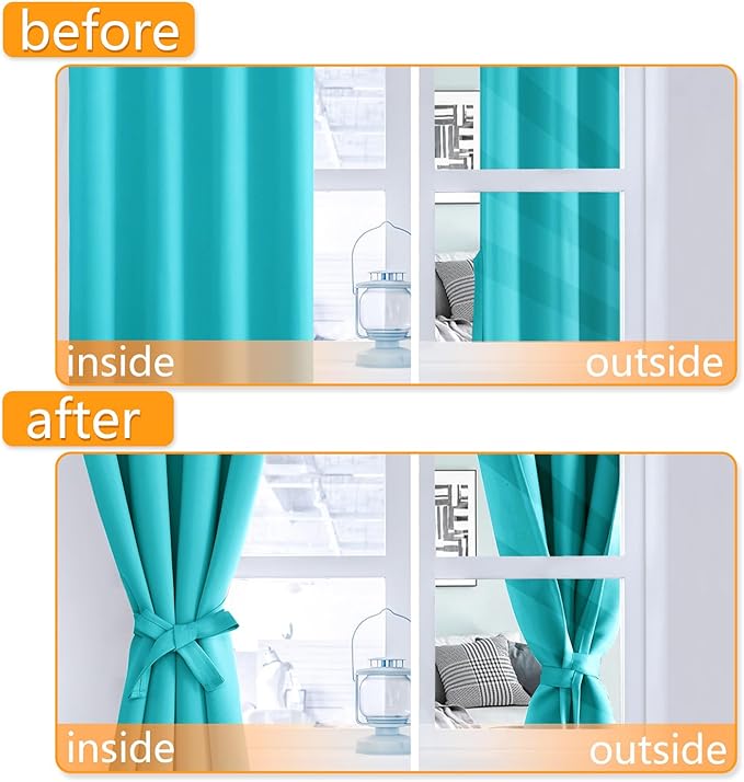 Hiasan Blackout Curtains for Bedroom, 38 x 84 Inches Long - Thermal Insulated & Light Blocking Window Curtains for Living Room, 2 Drape Panels Sewn with Tiebacks, Turquoise - Image 4