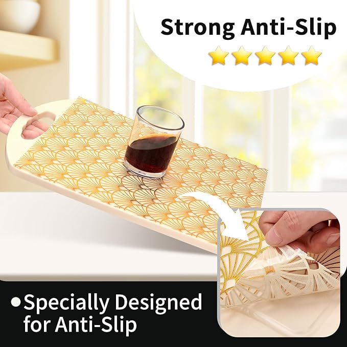 Shelf and Drawer Liner for Kitchen Cabinet,Non-Adhesive Waterproof Oil-Proof Easy Clean Shelf Liner for Dresser & Bathroom Vanities with Adhesive Dots & Cutting Tool(12 in X 20 Ft Gold Fish Scale) - Image 2
