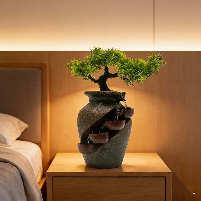 8.7inch Vase Type Artificial Bonsai Tree Fake Plant Mini Tabletop Waterfall Fountain with Water Flow, Indoor Desktop Decoration for Office Restaurant Coffee Home Decor or Festival Birthday Surprise - Image 7