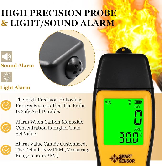 Carbon Monoxide Detectors, Portable CO Detector with Temperature Sensor ＆ LCD Backlight Screen, Handheld Carbon Monoxide Meter Tester 0-1000PPM Range, Indoor/Oudoor (Includes Battery x3) - Image 3