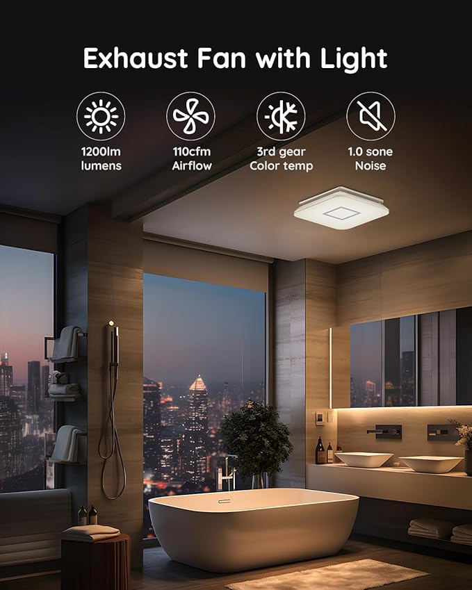 Fitop Bathroom Fan with Light，110CFM 1.0 Sones 1200lm LED Light 3000K/4000K/5000K Selectable，120V 43W Quiet Bathroom Ventilation Exhaust Fan for Shower/Restroom/Office/Home(silver) - Image 2