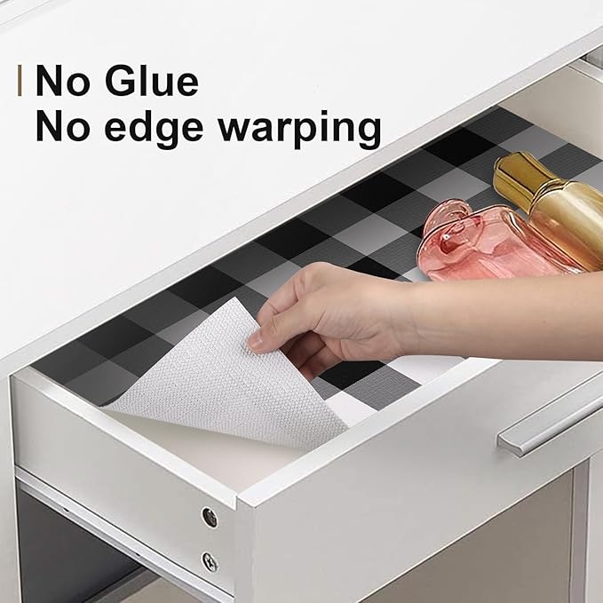Shelf Drawer Liner for Kitchen Cabinets Non-Adhesive Non-Slip, Hide Stains & Scratches, Strong Grip Thickened Gingham Cabinet Liners for Shelves, Dresser, Cupboard, Pantry, Black/White, 23.6In x 30FT - Image 5