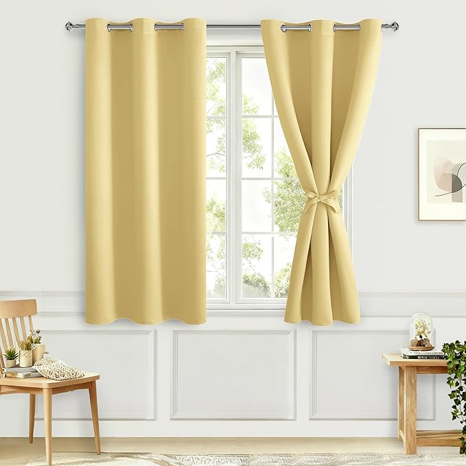 Hiasan Blackout Curtains for Bedroom - Thermal Insulated & Energy Saving Window Curtains for Living Room, 2 Drape Panels Sewn with Tiebacks, Light Yellow, 42 x 54 Inch - Image 2