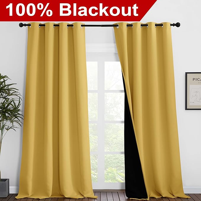 NICETOWN Full Shading Curtains 90 inches Long 2 Panels Set for Windows, Super Heavy-Duty Black Lined Blackout Curtains for Bedroom, Privacy Assured Window Treatment (Bright Yellow, Pack of 2, 52" W) - Image 2