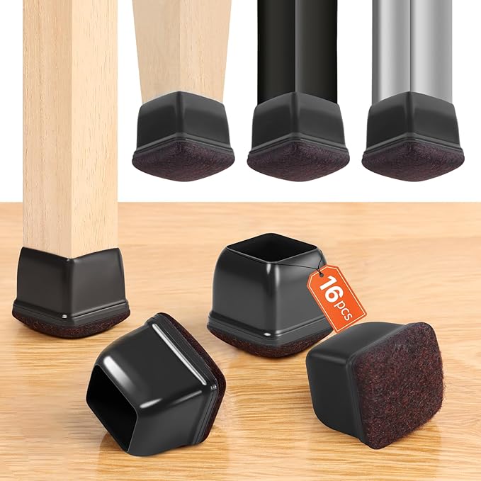 16PCS Square Chair Leg Floor Protectors, Felt Furniture Pads for Hardwood Floors, Black Silicone Chair Covers, Large Floor Protectors for Furniture Legs, No Scratches and Noise(Fit:1"-1.4") by GAGUIUP
