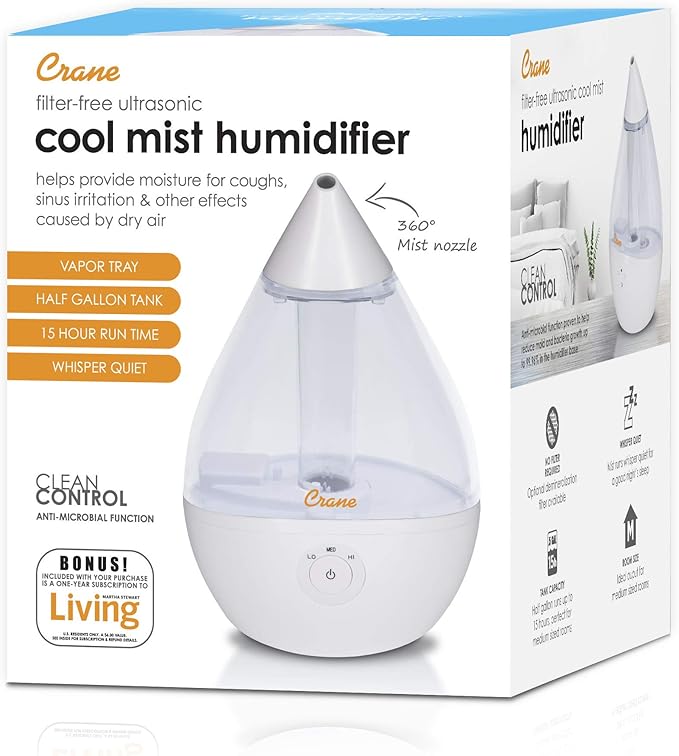 Crane Ultrasonic Teardrop Humidifier for Baby, Cool Mist, Auto Shut off, Adjustable Humidity, for Nursery, Bedroom, Clear and White, 0.5 Gallon - Image 9