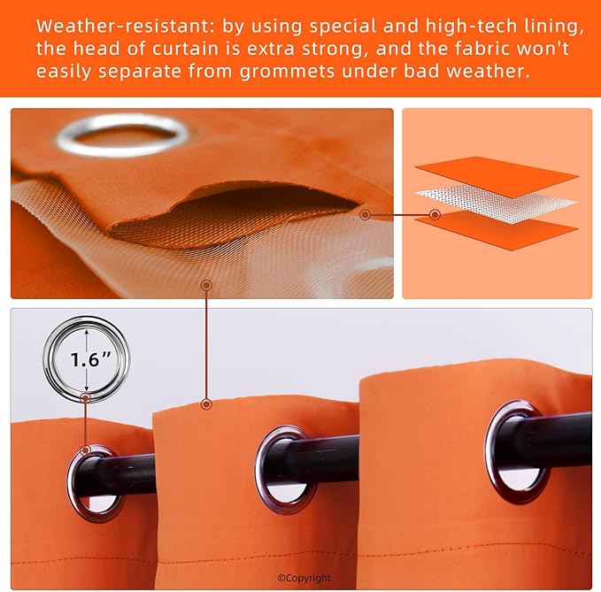 DIVA EN CAMINO DEC Outdoor Patio Curtain Waterproof Darkening Thermal Insulated Indoor Curtains for Bedroom, Porch, Living Room, Pergola, Cabana, W52 x L95, Orange, Set of 2 Panels - Image 3