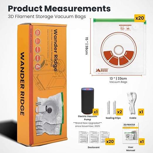 3D Printer Filament Storage Bags Vacuum Storage Bags Kit 3D Printer Accessories with 20 Storage Bags (13x15 inches), 20 Desiccants, Auto Pump, 2 Sealing Clips, Dust Proof, Humidity Resistant - Image 4