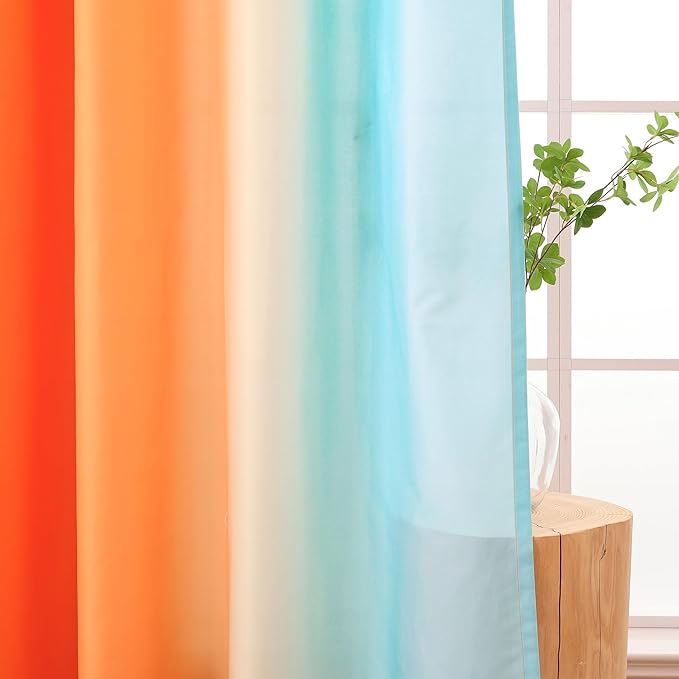 L.Z.E Blue Orange Ombre Privacy Sheer Curtains 63 Inch Length 2 Panels Set Orange Light Filtering Non-See-Through Curtains & Drapes for Living Room Bedroom Grommet Top Short - Image 3