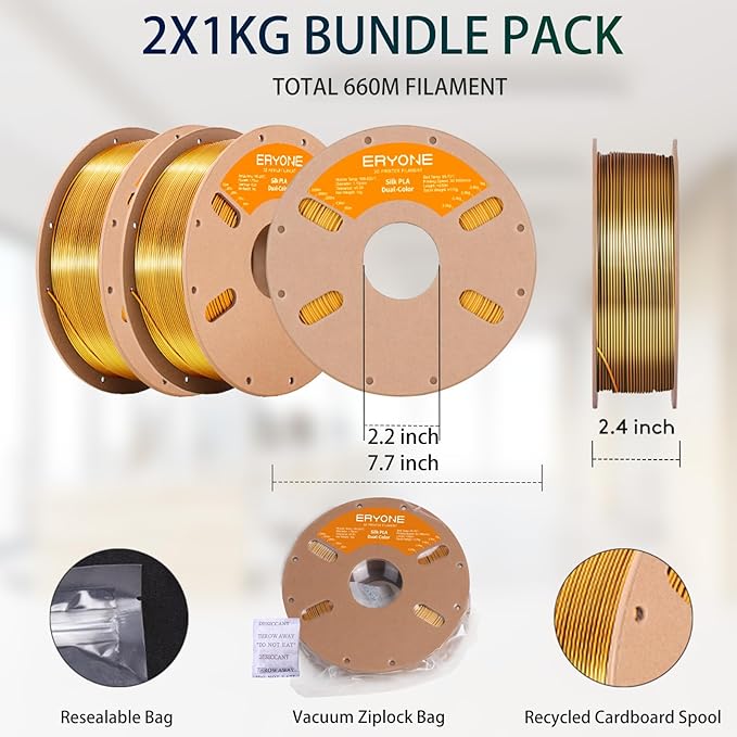 ERYONE Silk Dual Color PLA Filament 3D Printer 1.75mm +/- 0.03mm, Bicolor Filament Two Tone PLA Bundle 2KG Cardboard Spool, Black Gold - Image 6
