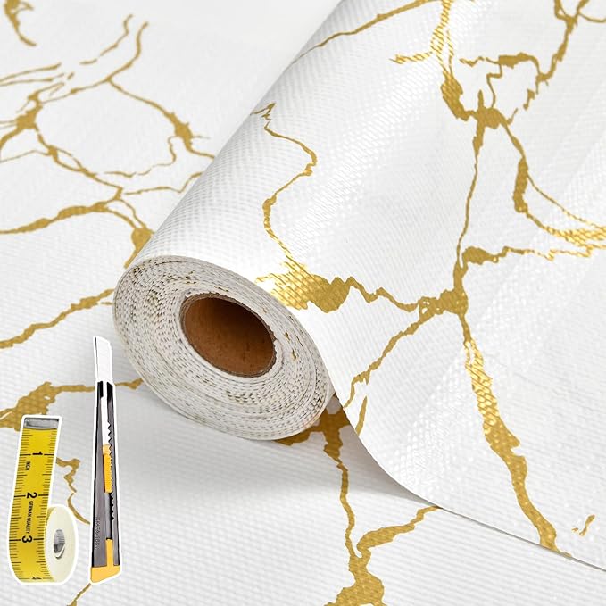 Drawer and Shelf Liner for Kitchen Cabinet Non Slip Waterproof Shelf Paper 12 in X 20 Ft Non Adhesive Refrigerator Liners Gold White Marble Easy Liners for Bathroom Cupboard by Kimhan