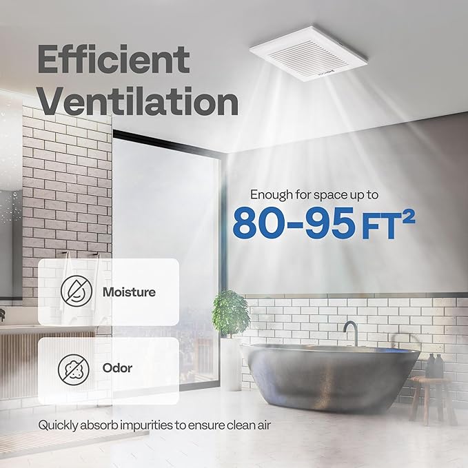 VIVOHOME Ultra-Quiet 80 CFM Bathroom Exhaust Fan, 1.5 Sone 95 Sq.Ft Coverage, 4'' Duct Ceiling Mount, White Shower Ventilation Fan - Image 3