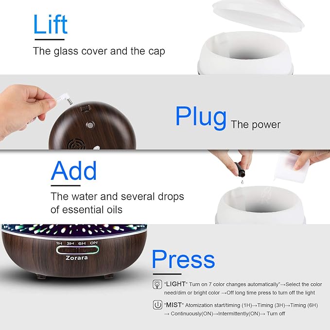 Essential Oil Diffuser 550ml Cool Mist Humidifier 3D Glass Ultrasonic Aromatherapy Humidifier with 7 Color Changing Led Lights, Waterless Auto Shut-Off, Adjustable Timer for Home Bedroom Office - Image 6