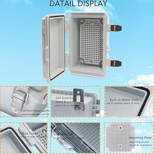 Waterproof Junction Box, ABS Plastic Electrical Box with Stainless Steel Latch, Hinged Cover Electric Project Enclosure Box with Mounting Plate, Wall Brackets & Cable Gland 5.9"x3.9"x2.8" - Image 3