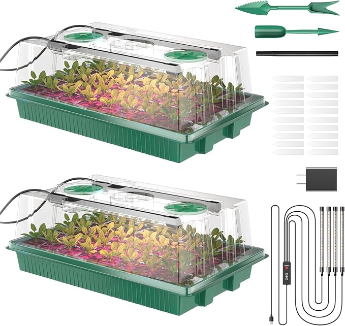 Seed Starter Tray, 80-Cells Seedling Starter Trays with Grow Light and Humidity Dome, Reusable Seed Germination Kit for Indoor Gardening Seed Starting (2 Pack, Green Base) by YJXFON