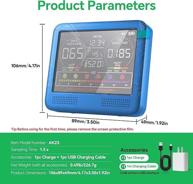 16-in-1 Indoor Air Quality Monitor with PM1.0,PM2.5,PM10,CO2,HCHO,TVOC,Temperature,Humidity,Time Display &7 AQI Alarms – Professional Air Quality Tester for Home, Office & Indoor Use (Lake Blue) - Image 8