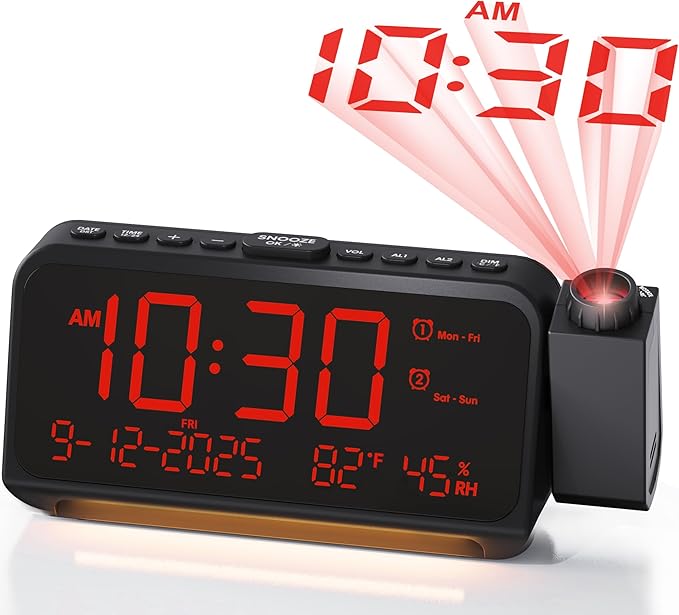 Roxicosly Projection Alarm Clock for Bedroom Ceiling, 118 dB Super Loud for Heavy Sleepers, 6.7" Large Digital Dimmable Display with Day Date Indoor Temp Humidity, Dual Alarms Adjustable Volume by Roxicosly