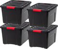 IRIS USA 40 Qt Stackable Plastic Storage Bins with Lids, 4 Pack - BPA-Free, Made in USA - Garage Organizing Solution, Latches, Durable Nestable Containers, Secure Pull Handle - Black by IRISUSA