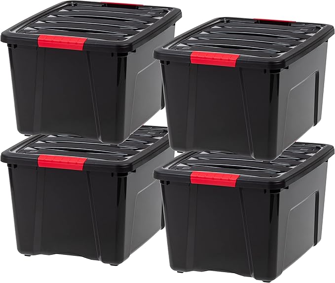 IRIS USA 40 Qt Stackable Plastic Storage Bins with Lids, 4 Pack - BPA-Free, Made in USA - Garage Organizing Solution, Latches, Durable Nestable Containers, Secure Pull Handle - Black by IRISUSA