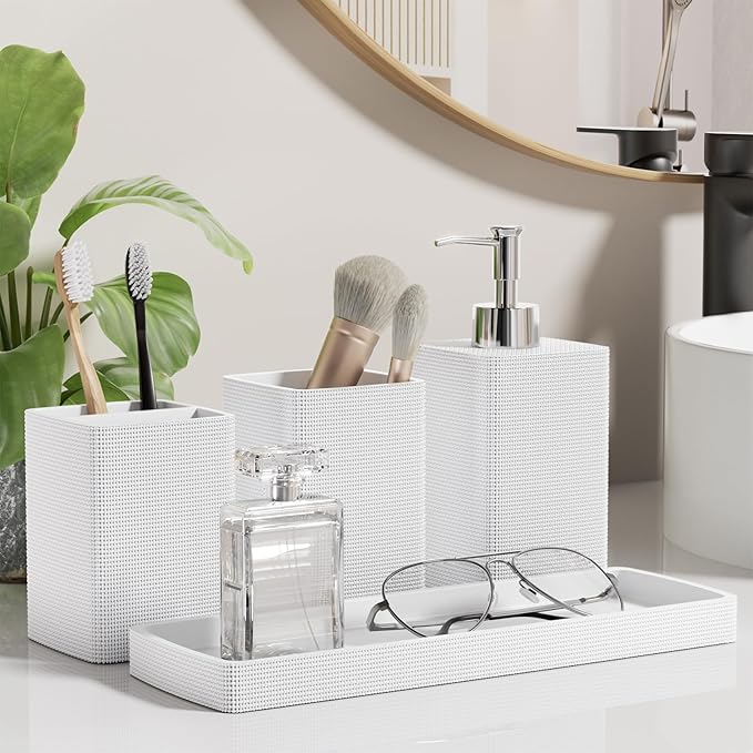 White Bathroom Set, White Bathroom Accessories Sets with Shower Curtain and No-Slip Bath Rugs, Natural Loofah Sponge, Soap Dispenser, Toothbrush Holder, Toothbrush Cup and Tray for Bathroom - Image 7