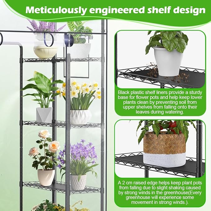Abimars Walk-in Greenhouse with Height-Adjustable Shelves, Heavy Duty Green House for Outdoors/Indoors, 98% Light-Passing PVC Cover, 82"x57"x29", Black - Image 5