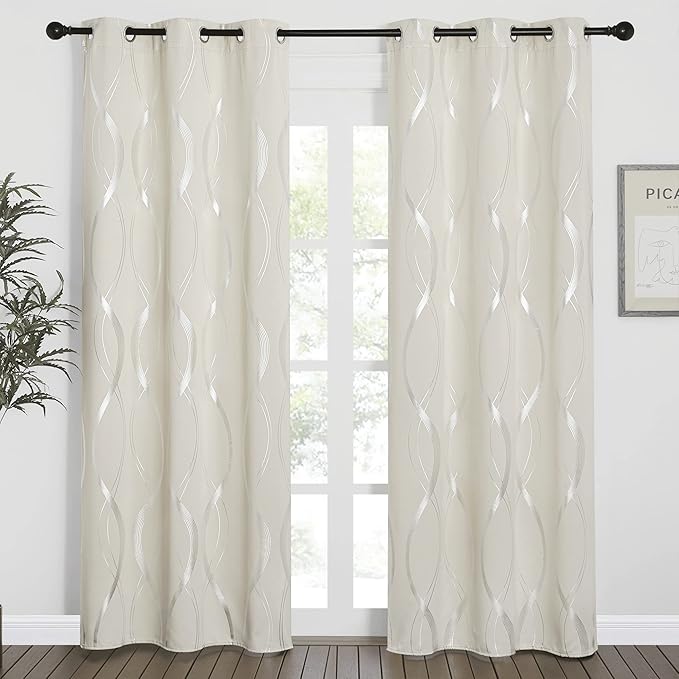 NICETOWN Blackout Curtains Panels for Bedroom, Microfiber Noise Reducing Thermal Insulated Wave Line Foil Print Design Blackout Curtains for Patio Sliding Glass Door (Beige, 2 Panels, 42 x 84 Inch) - Image 2