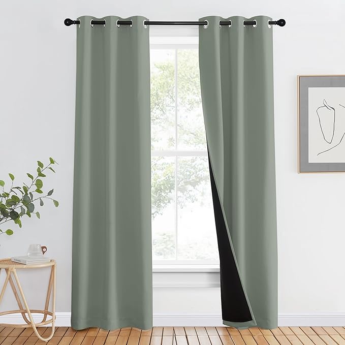 NICETOWN 100% Blackout Window Curtain Panels, Heat and Full Light Blocking Drapes with Black Liner for Nursery, 80" Drop Thermal Insulated Draperies (Greyish Green, 2 Pieces, 37" Wide Each Panel) by NICETOWN