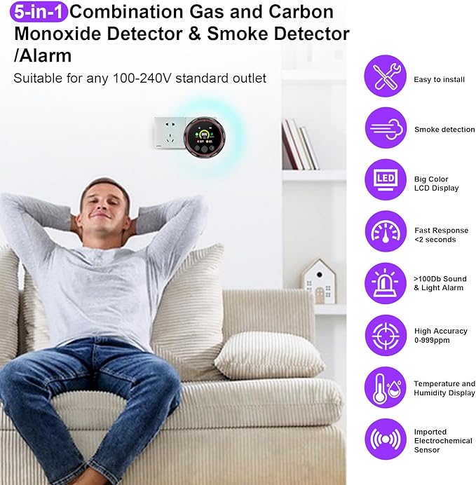 3 Pack Smoke Carbon Monoxide Detector Alarm, Plug in Smoke co Detectors, Home Natural Gas Leak Detector, Portable 5in1 Real-Time Smoke,CO,Gas Monitor Alarms with Temp/RH, for RV Hotel,Travel (Black) - Image 5