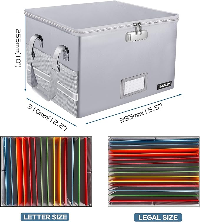 ENGPOW File Box with Lock, Fireproof Document Box with Zipper＆Pockets, Collapsible File Organizer Filing Storage Cabinet with Handle, Portable Home Office Safe for Hanging Letter/Legal Folder,Silver - Image 4