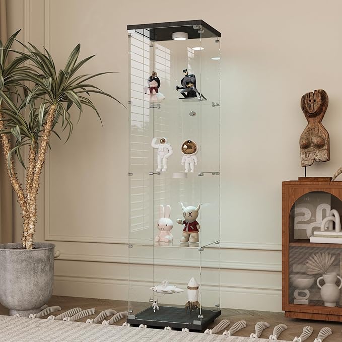Yoluckea 4-Tier Glass Display Cabinet with Paipai Light, 1-Door Floor Standing Curio Cabinet with Adjustable Floor Feet for Home Office Corner Display, Black Glass Bookshelf for Collections and Decor - Image 6