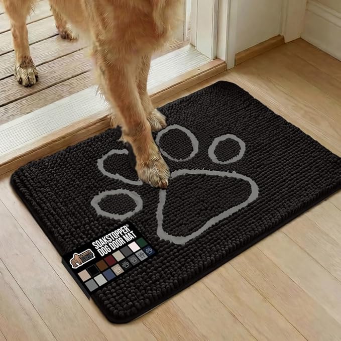 GORILLA GRIP SOAKSTOPPER Dog Door Mat, 30x20 Machine Washable Rug Absorbent Doormat Captures Moisture Mud Dirt, Quick Dry Soft Chenille Entryway Rugs Indoor Entrance Mats for Dog Paws, Black White by GorillaGrip
