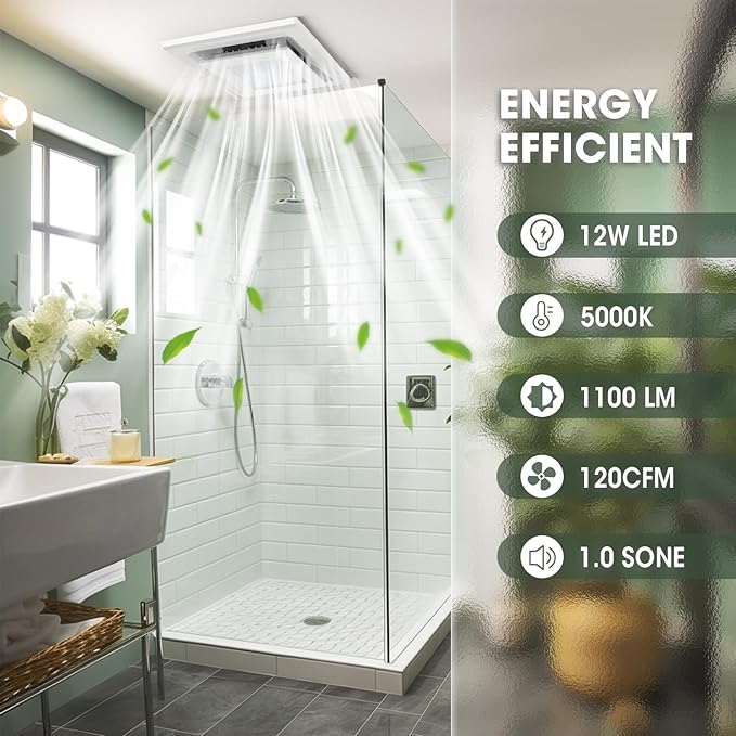 FASDUNT Bathroom Exhaust Fan with Light, 1.0 Sones Ultra Quiet Ceiling Mount Ventilation, 120 CFM for Moisture and Odor Removal, Easy Install in Home Bath and Shower Room - Image 2