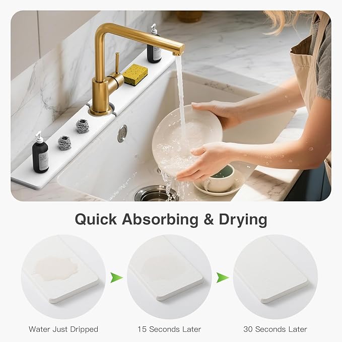 30" x 4" Stone Faucet Mat for Kitchen Sink, Quick Drying Diatomite Sink Tray, Faucet Sink Splash Guard for Prevents Moisture Buildup (White) - Image 3