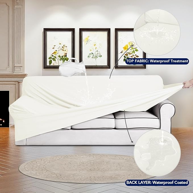 PureFit 100% Dual Waterproof Couch Cover Slipcovers for Couches and Sofas - Stretch Non Slip Fleece Sofa Covers Washable, Leakproof Furniture Protector for Kids, Pets, Dog (Sofa, Beige) - Image 3