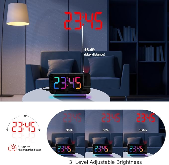 Projection Alarm Clock for Bedroom Ceiling,RGB Digital Clocks Radio with 10 Colors RGB Night Light,Loud Alarm Clock for Heavy Sleepers,USB C Charger Port,Snooze,12/24H,Auto Dimming - Image 2
