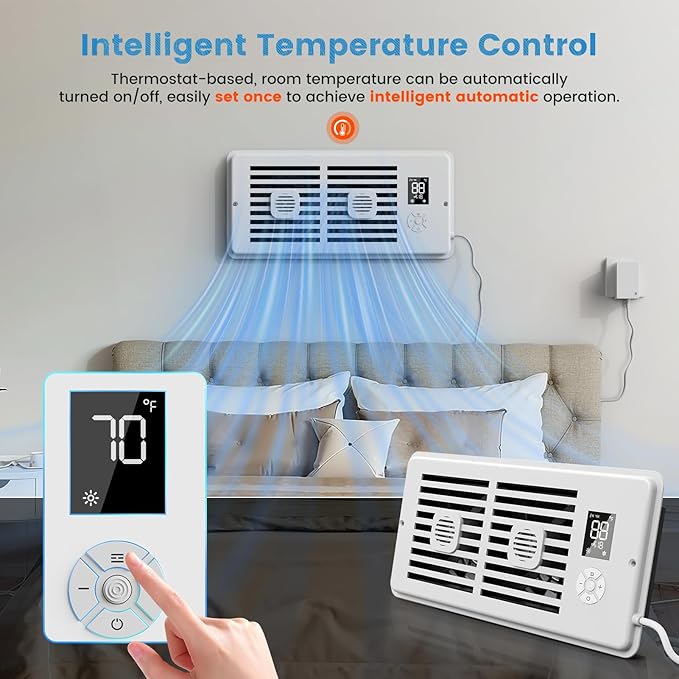 Ideashop Quiet Register Booster Fan Fits 4" x 10" Register Holes, Improves Heating & Cooling AC Vent Booster Fan, Smart Vent 10-Speed Adjustable with Thermostat & Remote Control, for Wall and Floor - Image 3