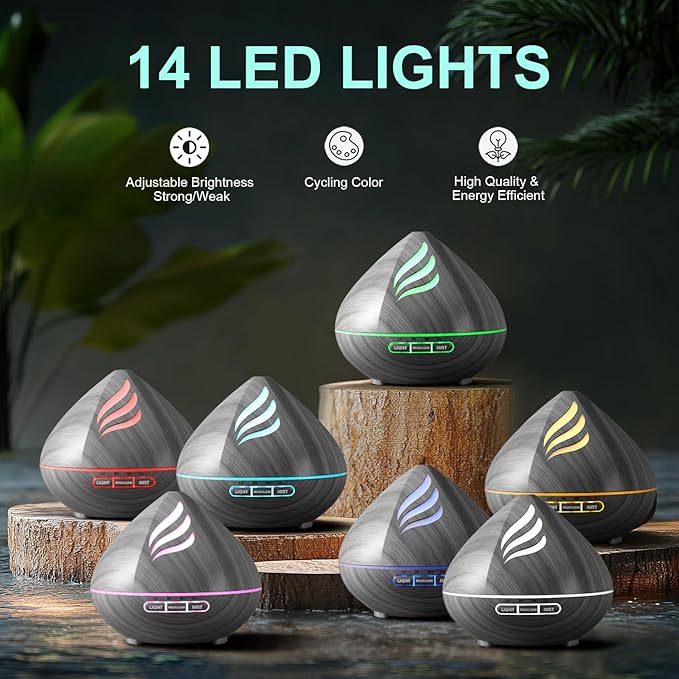Essential Oil Scent Diffuser: 500ML Aroma Diffuser with Remote Control, Large Fragrance Aromatherapy Diffuser for Bedroom Home, Mist Humidifier & 14 Colors LED Lights and waterless Auto-Off, Dark Grey - Image 5