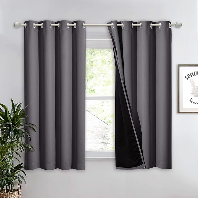 NICETOWN 100% Blackout Curtain with Black Liners, Thermal Insulated Full Blackout 2-Layer Lined Drape, Noise Cancellation Window Drapery for Dining Room (Grey, 1 Panel, 52-inch W by 54-inch L) by NICETOWN