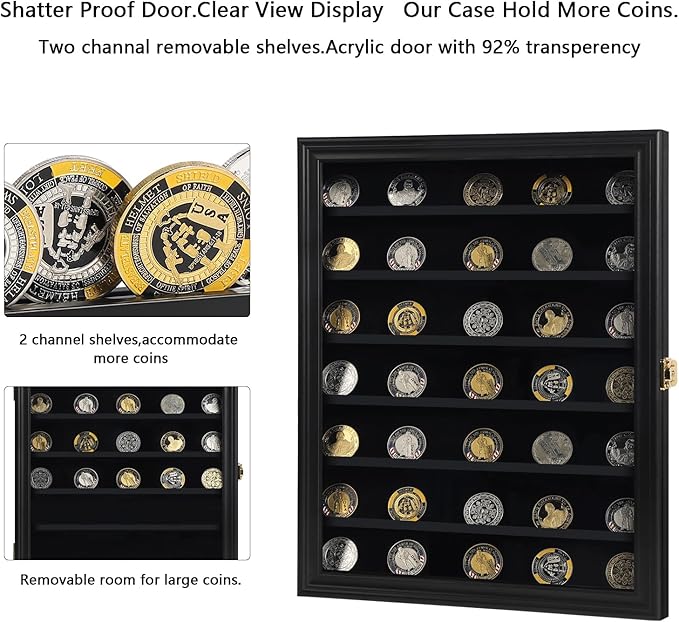 Jinchuan Military Challenge Coin Display Case Lockable Cabinet Rack Holder Shadow Box with Removable 2 Grooves Shelves and Anti Dust Door for Casino Poker Chips Collectibles, Large - Black 1 Pack - Image 3