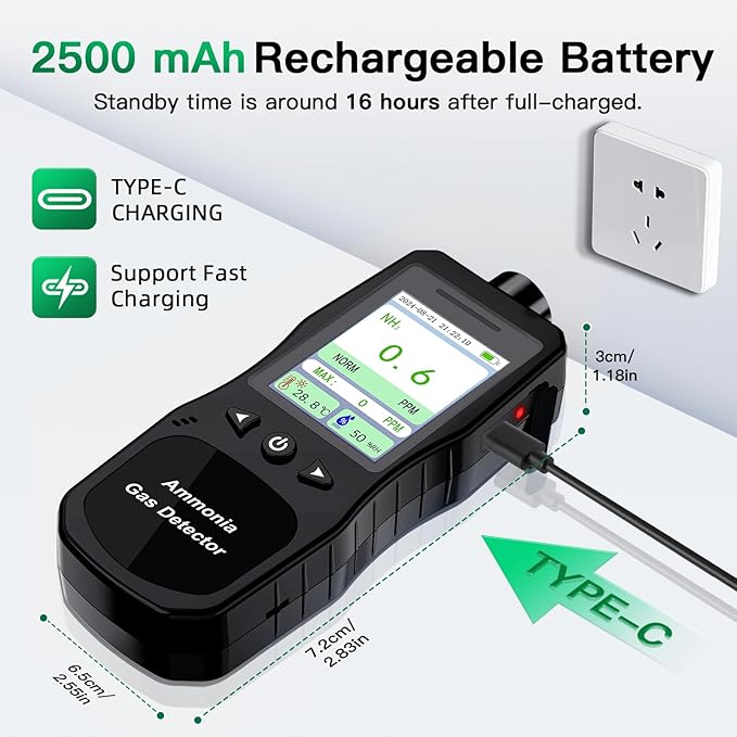 Portable Ammonia Gas Detector, 0-200 PPM Rechargeable Ammonia Gas Monitor, Digital Air Quality NH3 Gas Meter with Temperature Humidity Tester for Farm, Poultry, Pig & Livestock - Image 4
