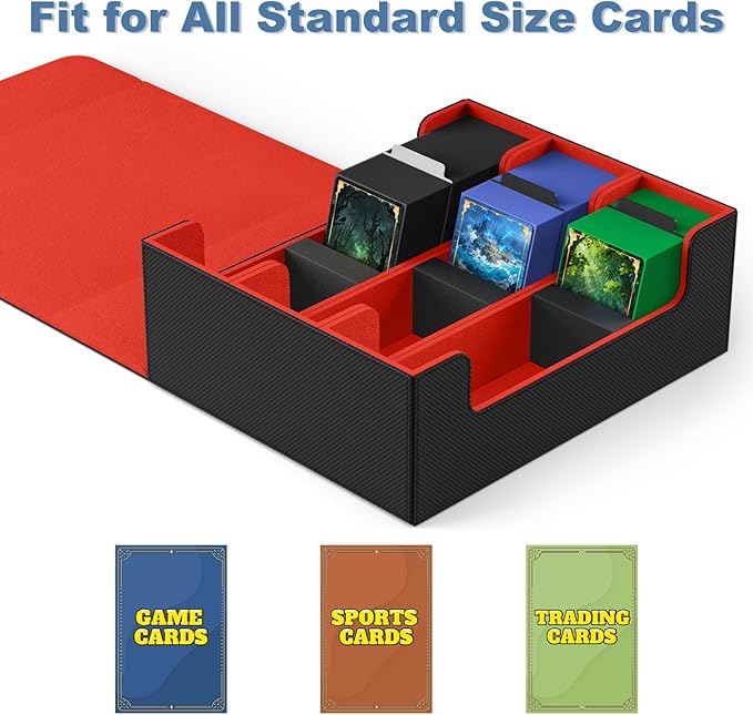 Mlikero Card Deck Case, 1800+ Trading Card Storage Box with 10 Dividers and 3 Foam Stoppers, Leather Magnetic Closure Commander Deck Box Fit for YuGiOh, MTG and Sport Cards(Black&Red) - Image 6