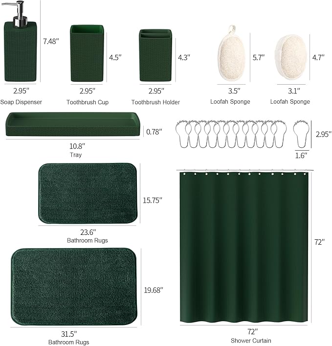 Green Bathroom Set, Dark Green Bathroom Accessories Set with Shower Curtain and No-Slip Bath Rugs, Natural Loofah Sponge, Soap Dispenser, Toothbrush Holder, Bathroom Tumbler and Tray for Bathroom - Image 8